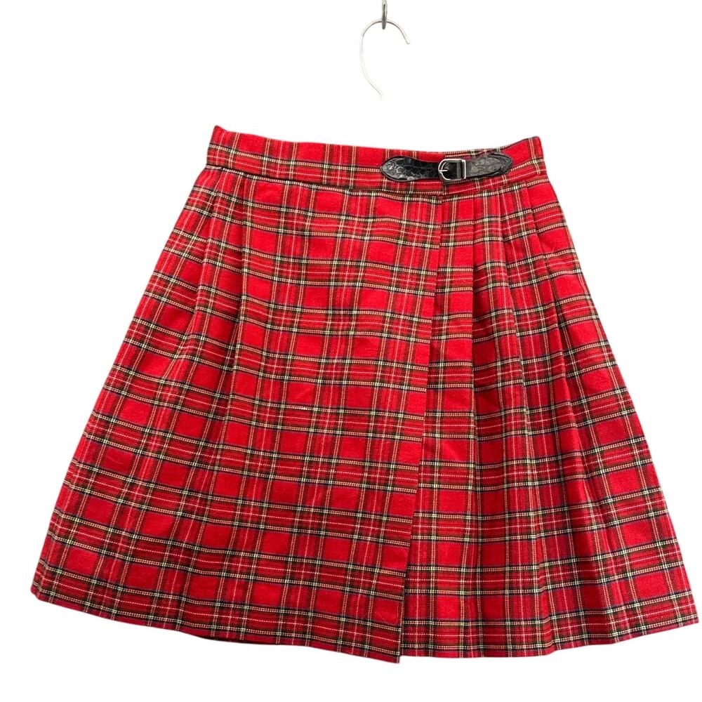 Michele Vintage 90s Red Tartan Plaid Pleated Buckle Closure Kilt Skirt Women 6P